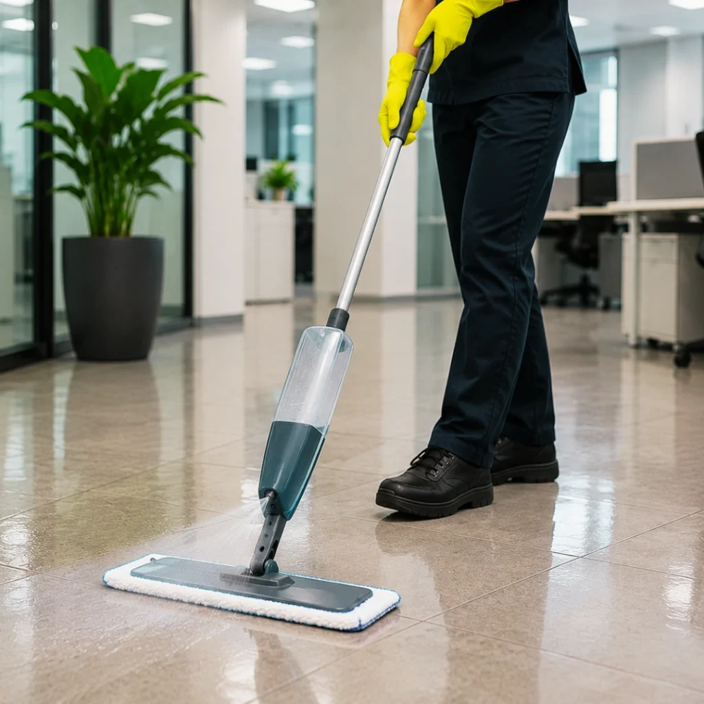 cleaner using spin mops in commercial cleaning services