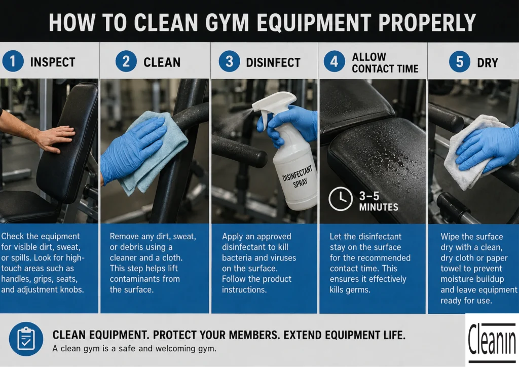 gym cleaning equipment steps